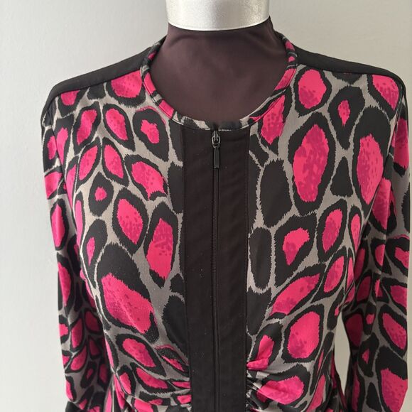 Joseph Ribkoff Top Womens 12 Pink Black Animal Print Zip Front Stretch Mobwife - Picture 2 of 16